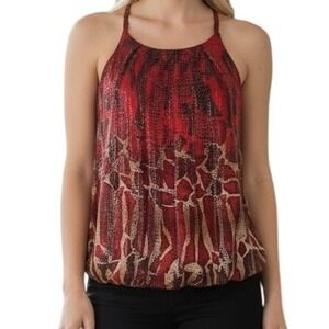 EXPRESS Dark Raspberry W/ Faux‎ Leather Black and Tan Print Draped Lined Top  XS